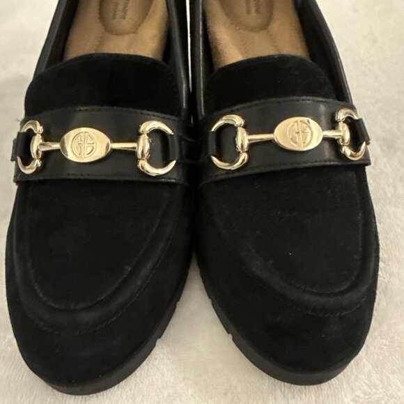 Gianni Bernini Porshaa Black Suede Loafer Heels With Gold Buckle Women's Size 8M - Picture 8 of 12